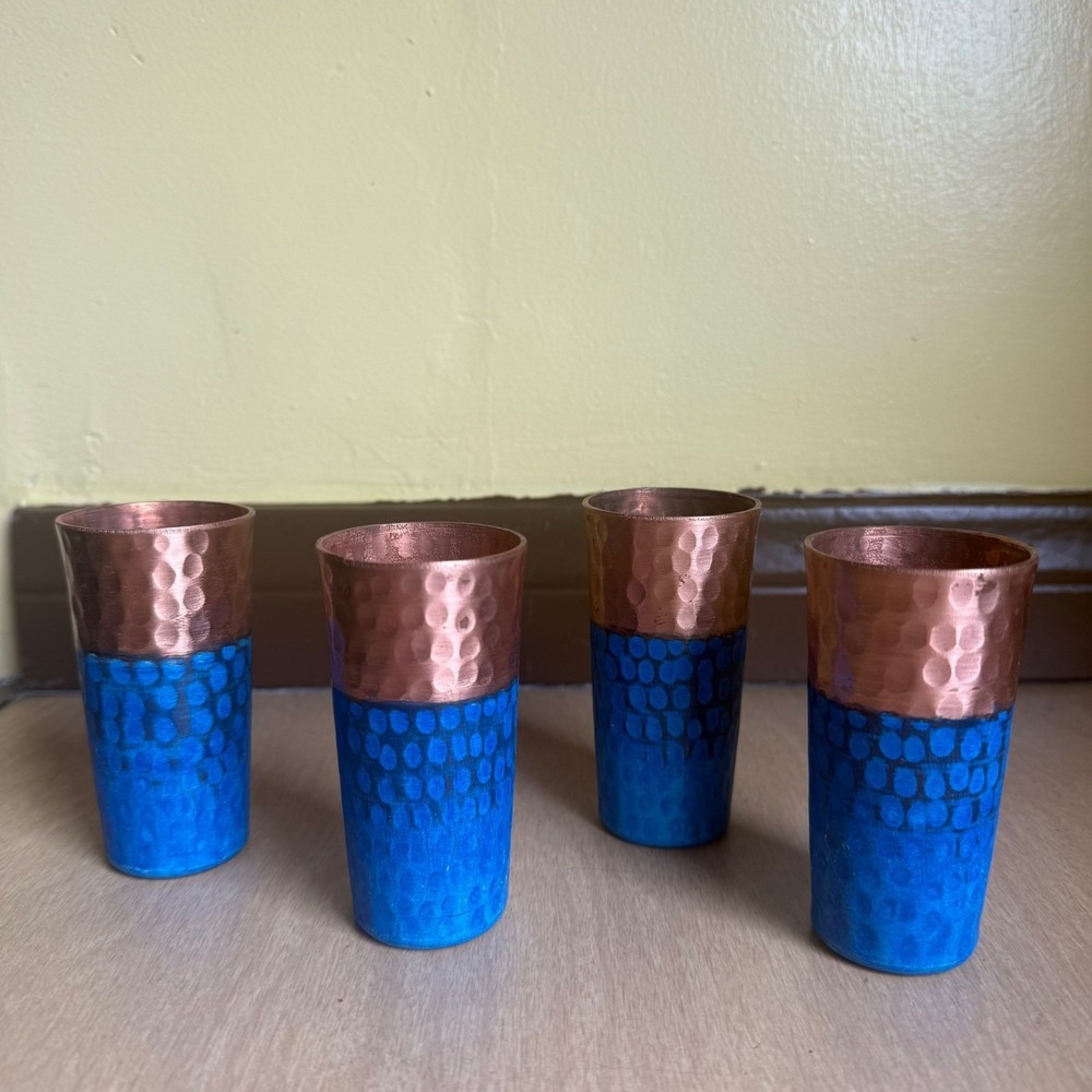 Marquesa de Mancera Copper Shot Glass Set 4pc Blue Hammered Excellent Artisanal - Picture 6 of 10